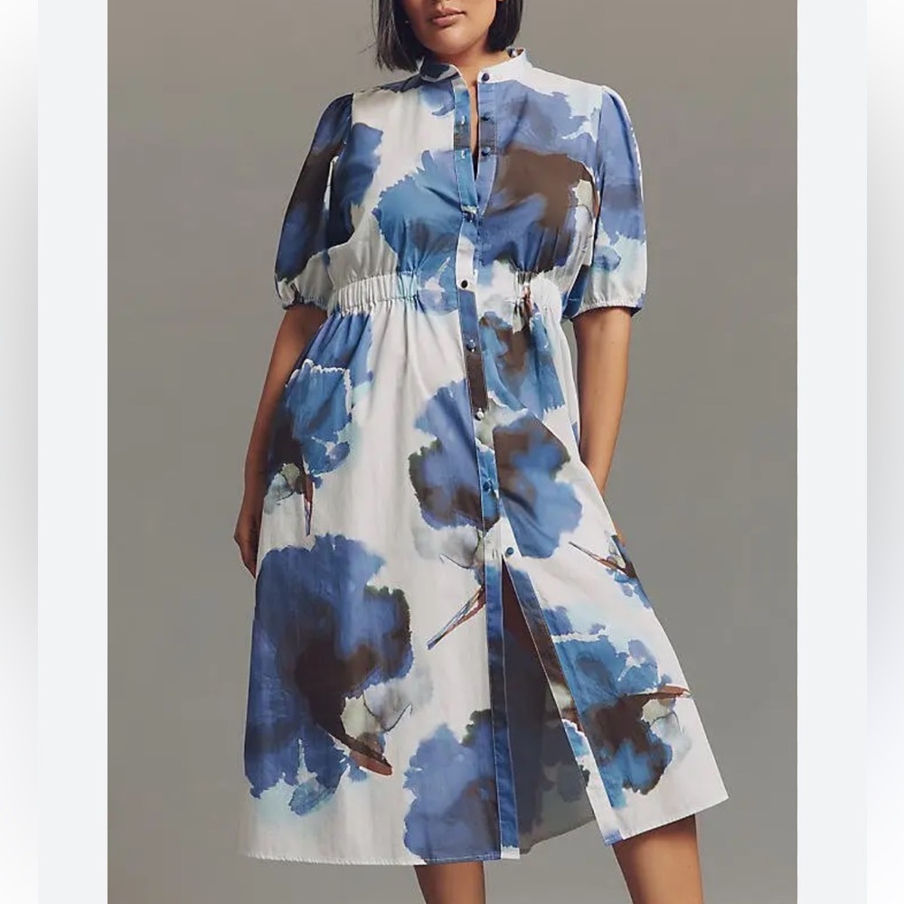 Hutch Annett Puff Sleeve button front Blue White Floral Midi Shirt Dress plus